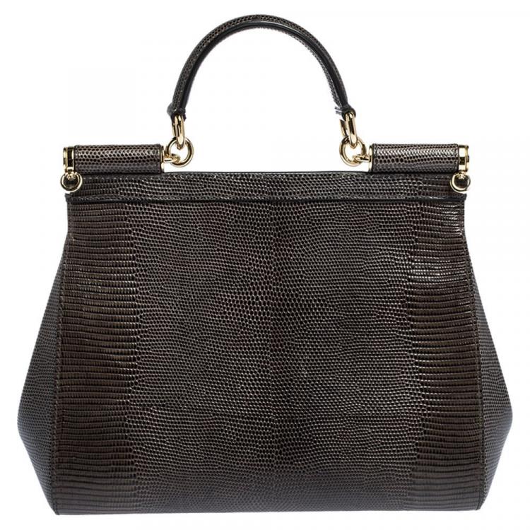 Pre Owned Dolce & Gabbana Dark Grey Iguana Embossed Leather Crystal DG Logo Medium Miss Sicily Bag