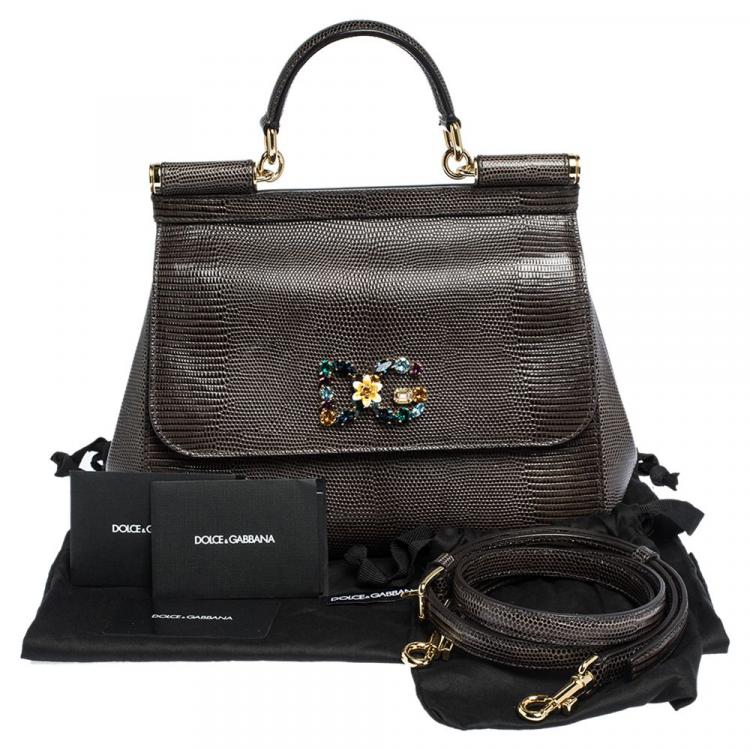 Pre Owned Dolce & Gabbana Dark Grey Iguana Embossed Leather Crystal DG Logo Medium Miss Sicily Bag