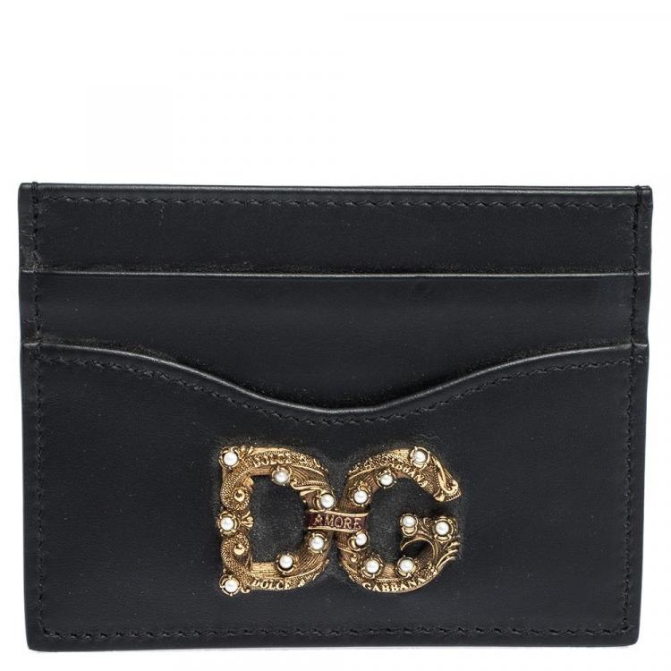 Pre Owned Dolce & Gabbana Black Leather DG Amore Card Holder