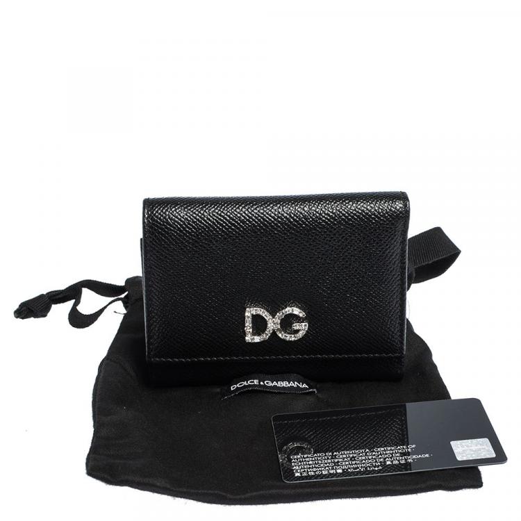Pre Owned Dolce & Gabbana Black Leather DG Rhinestone Trifold Wallet