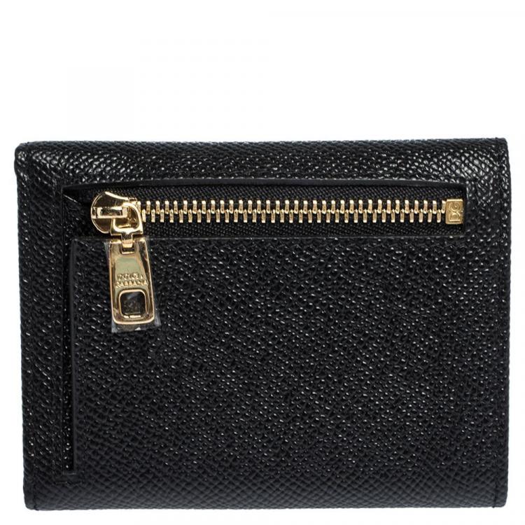 Pre Owned Dolce & Gabbana Black Leather DG Rhinestone Trifold Wallet