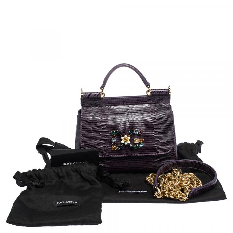 Pre Owned Dolce & Gabbana Purple Iguana Embossed Leather Crystal DG Logo Mini Miss Sicily Bag