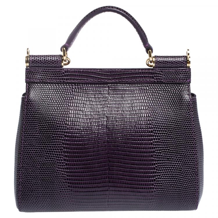 Pre Owned Dolce & Gabbana Purple Iguana Embossed Leather Crystal DG Logo Mini Miss Sicily Bag