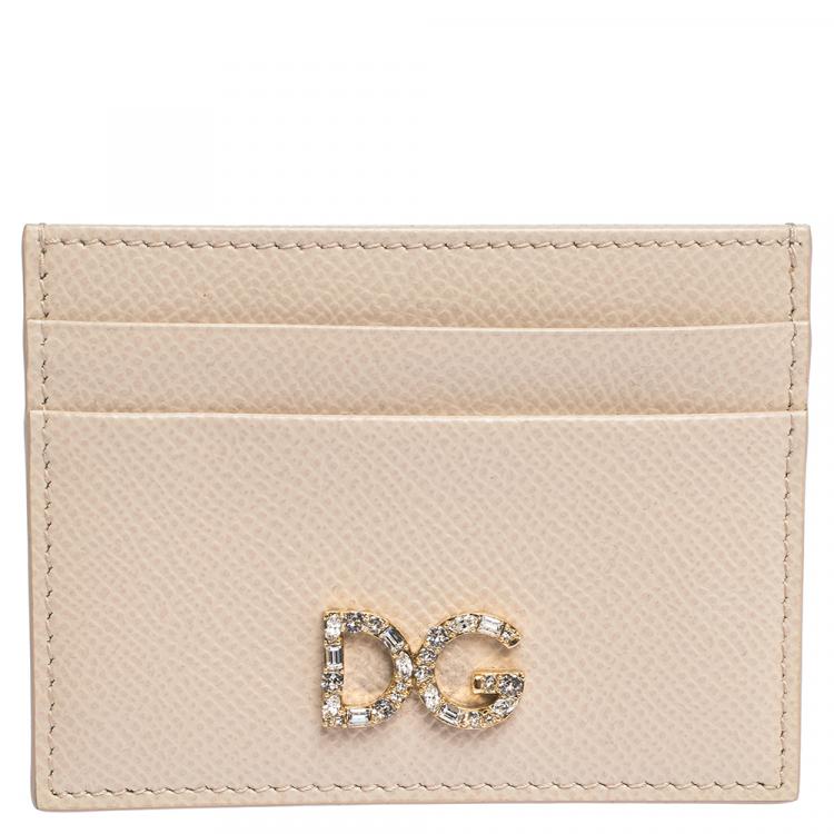 Pre Owned Dolce & Gabbana Beige Leather DG Crystal Logo Card Holder