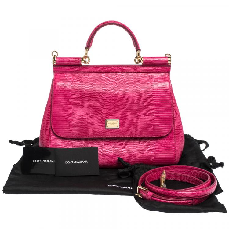 Pre Owned Dolce & Gabbana Fuchsia Iguana Embossed Leather Medium Miss Sicily Bag