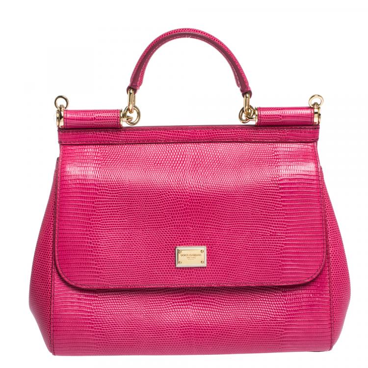 Pre Owned Dolce & Gabbana Fuchsia Iguana Embossed Leather Medium Miss Sicily Bag