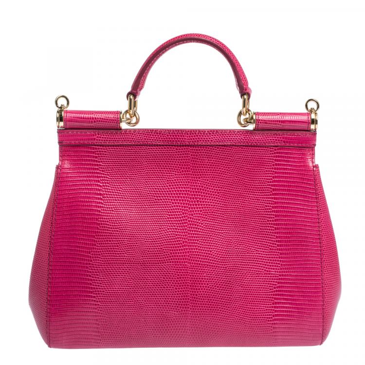 Pre Owned Dolce & Gabbana Fuchsia Iguana Embossed Leather Medium Miss Sicily Bag