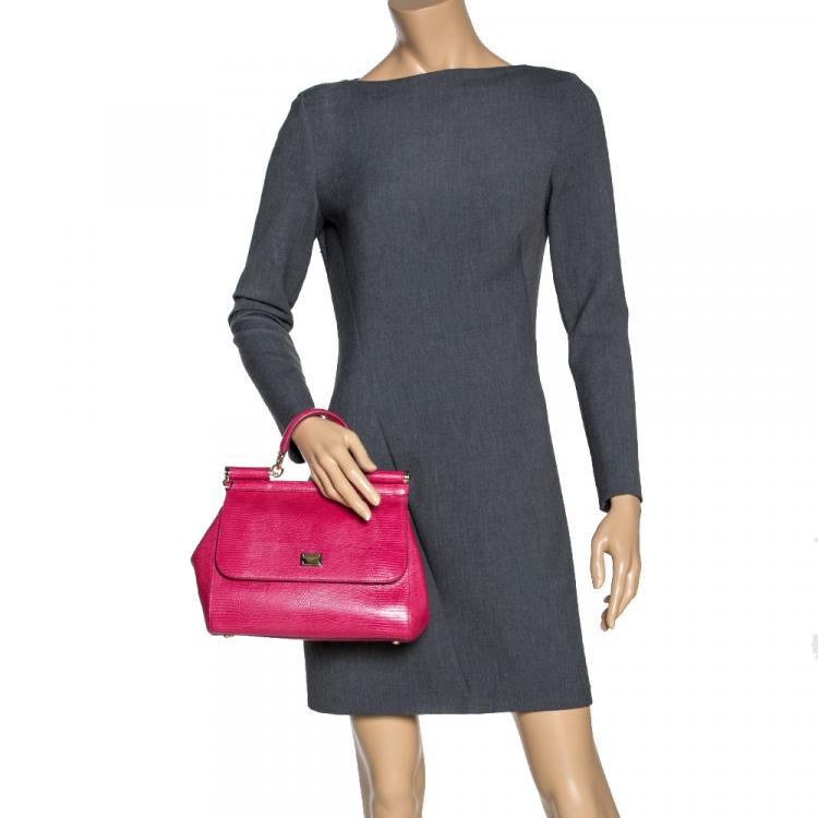 Pre Owned Dolce & Gabbana Fuchsia Iguana Embossed Leather Medium Miss Sicily Bag