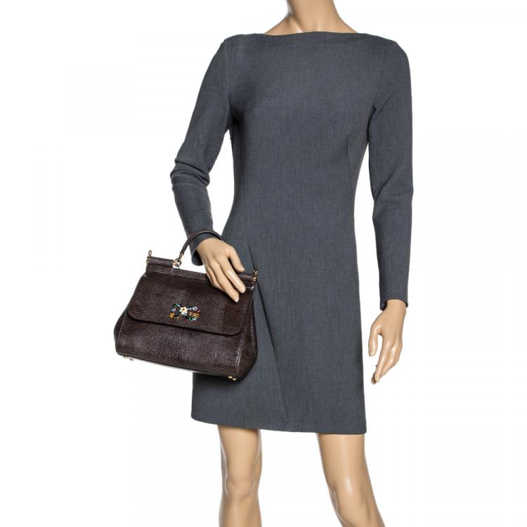 Pre Owned Dolce & Gabbana Brown Iguana Embossed Leather Crystal DG Logo Medium Miss Sicily Bag
