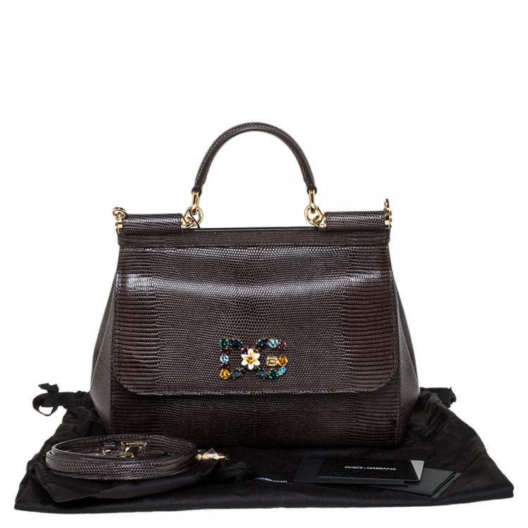 Pre Owned Dolce & Gabbana Brown Iguana Embossed Leather Crystal DG Logo Medium Miss Sicily Bag