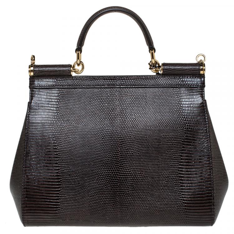 Pre Owned Dolce & Gabbana Brown Iguana Embossed Leather Crystal DG Logo Medium Miss Sicily Bag