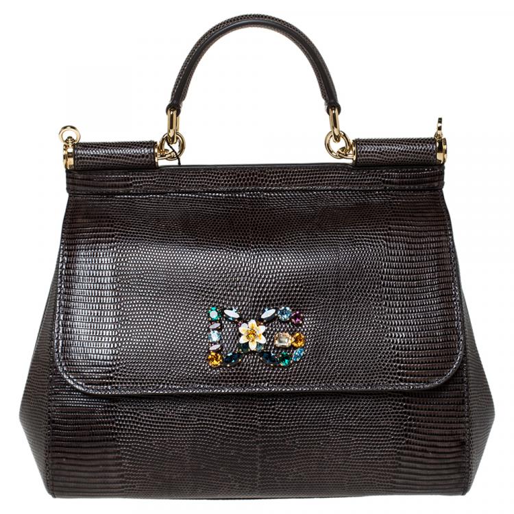 Pre Owned Dolce & Gabbana Brown Iguana Embossed Leather Crystal DG Logo Medium Miss Sicily Bag