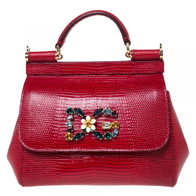 Dolce & Gabbana Red Iguana Embossed Leather Crystal DG Logo Mini Miss ...