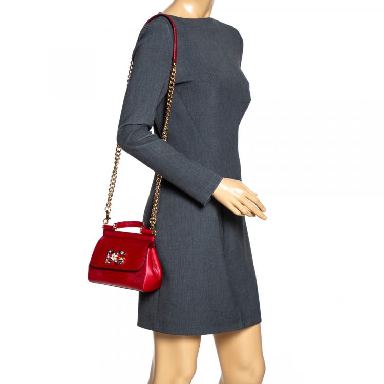 مملوكة مسبقًا Dolce & Gabbana Red Iguana Embossed Leather Crystal DG Logo Mini Miss Sicily Bag