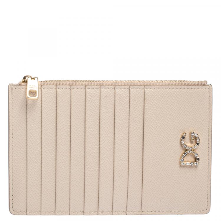 Pre Owned Dolce & Gabbana Beige Leather Crystal Embellished Logo Zipped Card Holder