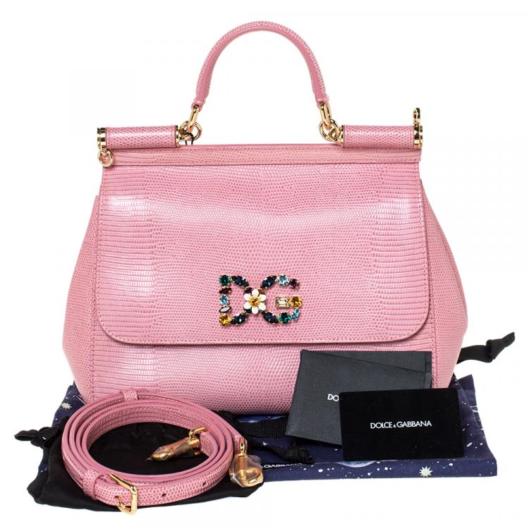 Pre Owned Dolce & Gabbana Pink Iguana Embossed Leather Crystal DG Logo Medium Miss Sicily Bag