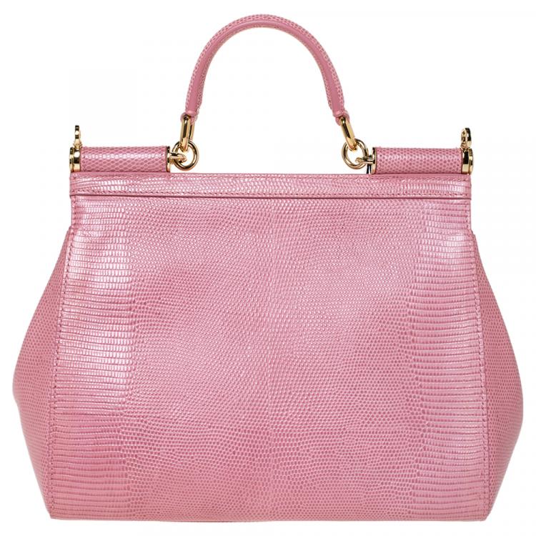 Pre Owned Dolce & Gabbana Pink Iguana Embossed Leather Crystal DG Logo Medium Miss Sicily Bag
