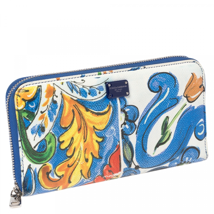 Pre Owned Dolce & Gabbana Multicolor Majolica Printed Leather Zip Around Wallet