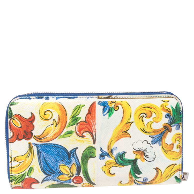 Pre Owned Dolce & Gabbana Multicolor Majolica Printed Leather Zip Around Wallet