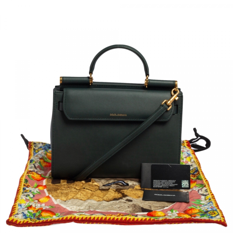 Pre Owned Dolce & Gabbana Green Leather Medium Sicily 62 Top Handle Bag