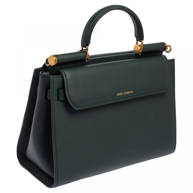 Pre Owned Dolce & Gabbana Green Leather Medium Sicily 62 Top Handle Bag