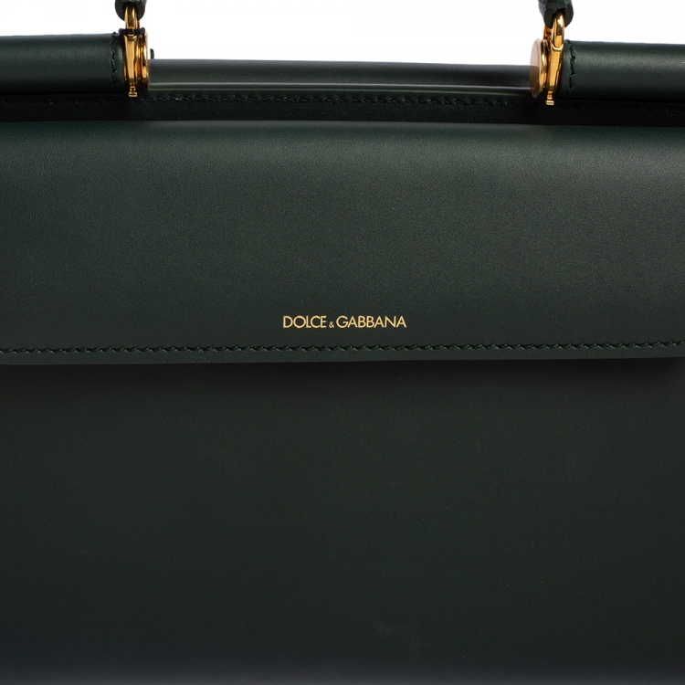 Pre Owned Dolce & Gabbana Green Leather Medium Sicily 62 Top Handle Bag