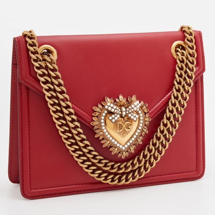 Pre Owned Dolce & Gabbana Red Leather Medium Devotion Flap Shoulder Bag