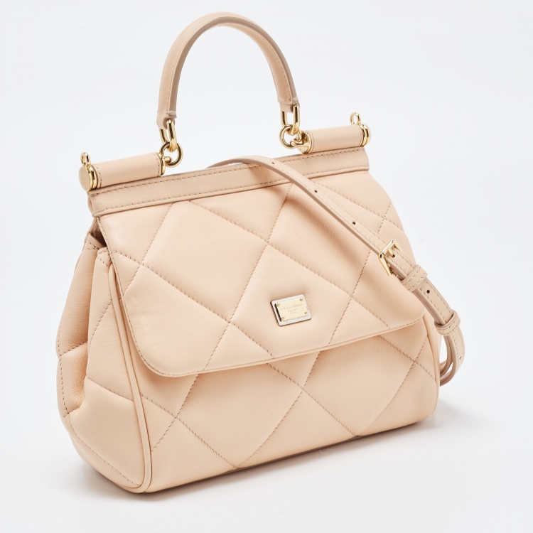 Pre Owned Dolce & Gabbana Beige Quilted Leather Small Miss Sicily Top Handle Bag