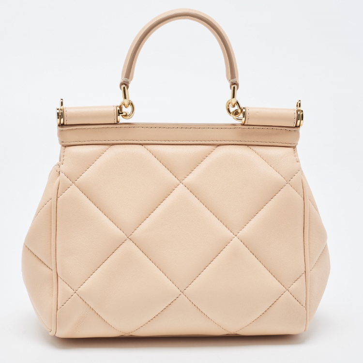 Pre Owned Dolce & Gabbana Beige Quilted Leather Small Miss Sicily Top Handle Bag