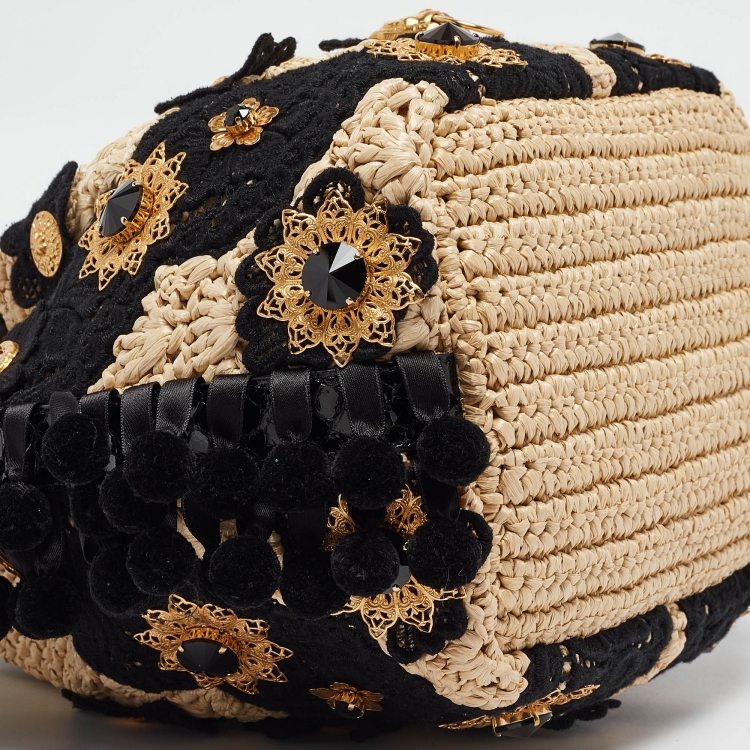 Pre Owned Dolce & Gabbana Beige/Black Raffia Crochet Embellished Claudia Bucket Bag