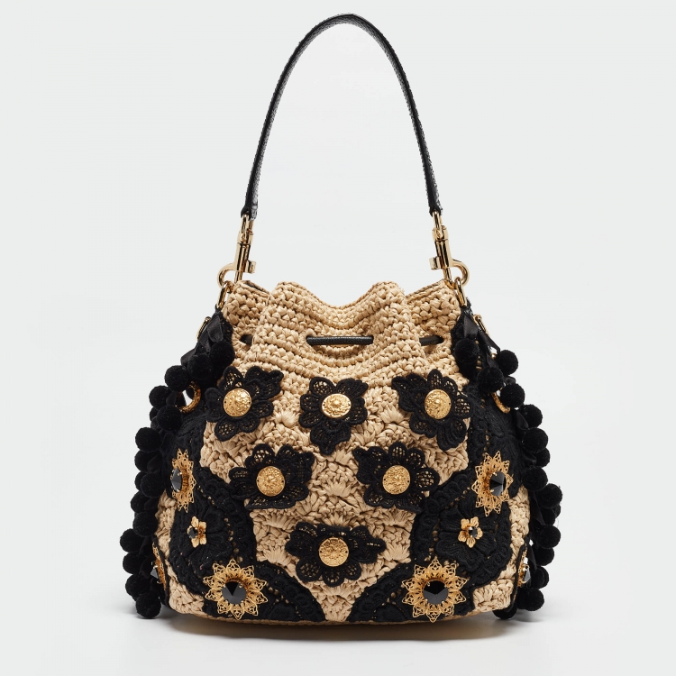 Pre Owned Dolce & Gabbana Beige/Black Raffia Crochet Embellished Claudia Bucket Bag
