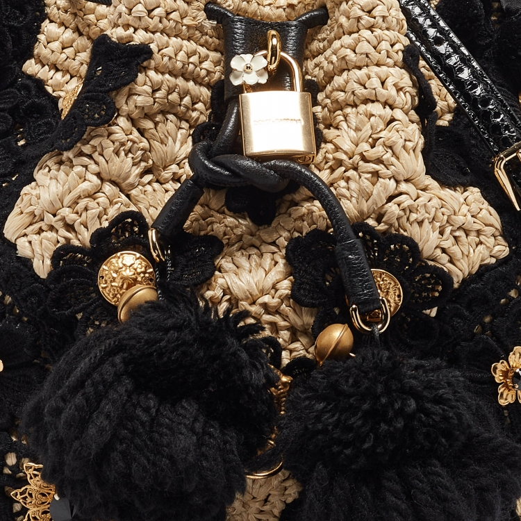Pre Owned Dolce & Gabbana Beige/Black Raffia Crochet Embellished Claudia Bucket Bag