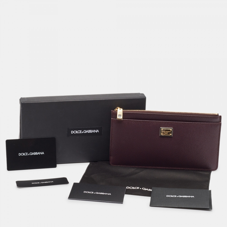 Pre Owned Dolce & Gabbana Burgundy Leather Zip Card Holder 