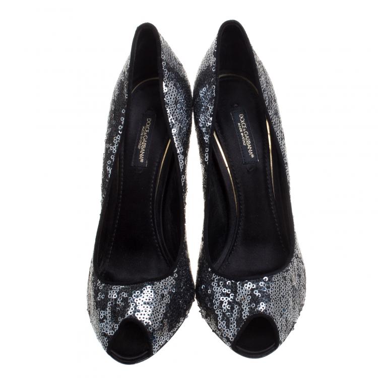 Pre Owned Dolce and Gabbana Sequin Embellished Peep Toe Pumps Size 37
