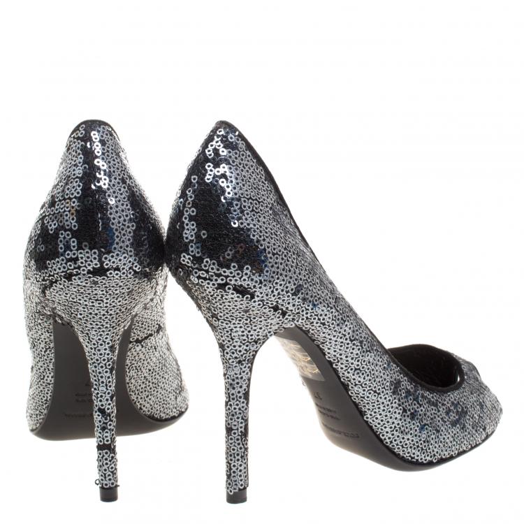 Pre Owned Dolce and Gabbana Sequin Embellished Peep Toe Pumps Size 37