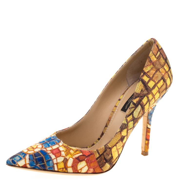 Pre Owned Dolce and Gabbana Mosaic Printed Silk Pointed Toe Pumps Size 35