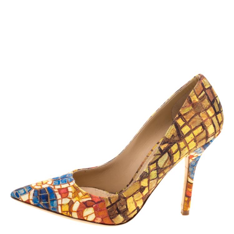 Pre Owned Dolce and Gabbana Mosaic Printed Silk Pointed Toe Pumps Size 35