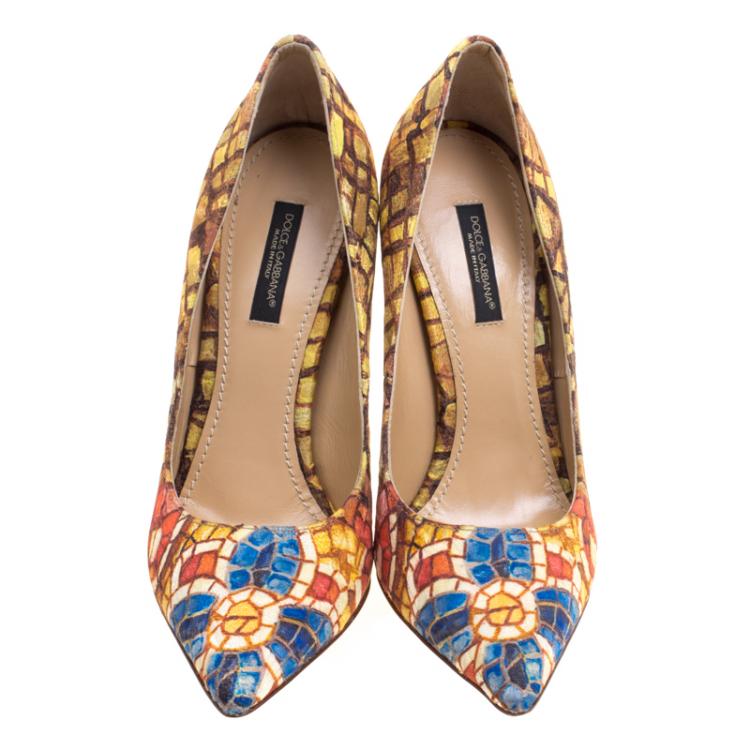 Pre Owned Dolce and Gabbana Mosaic Printed Silk Pointed Toe Pumps Size 35