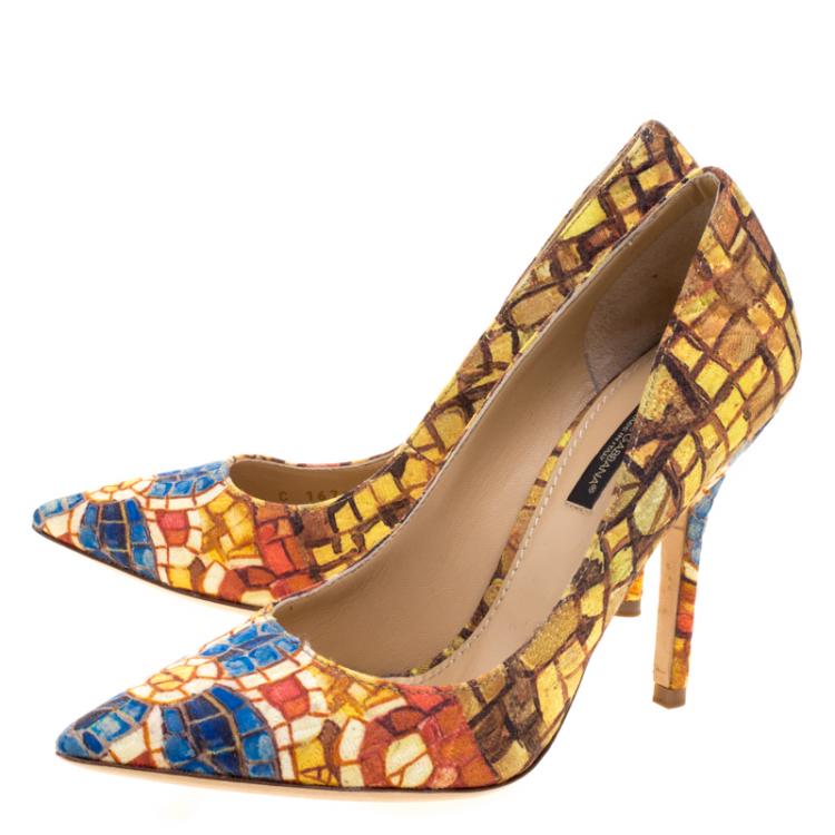 Pre Owned Dolce and Gabbana Mosaic Printed Silk Pointed Toe Pumps Size 35