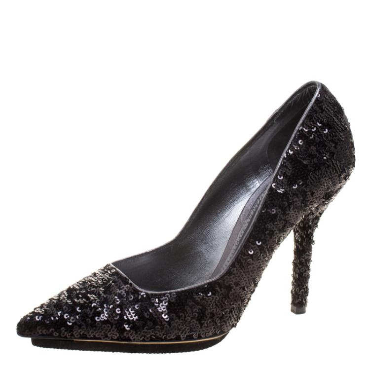Pre Owned Dolce and Gabbana Black Sequin Pointed Toe Pumps Size 39.5
