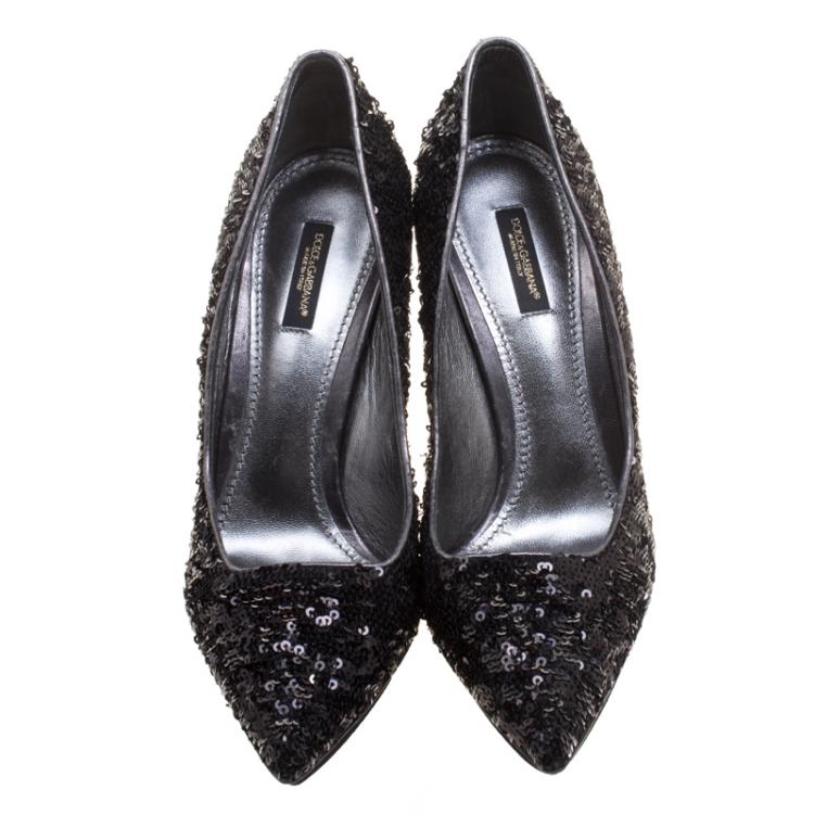 Pre Owned Dolce and Gabbana Black Sequin Pointed Toe Pumps Size 39.5