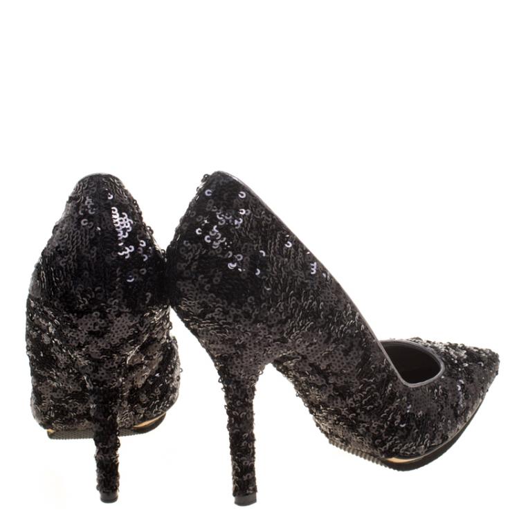 Pre Owned Dolce and Gabbana Black Sequin Pointed Toe Pumps Size 39.5