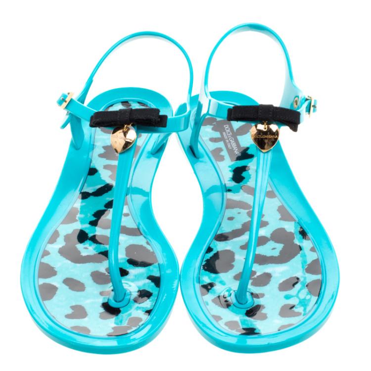 Pre Owned Dolce and Gabbana Turquoise Blue Jelly Bow Thong Flat Sandals Size 40