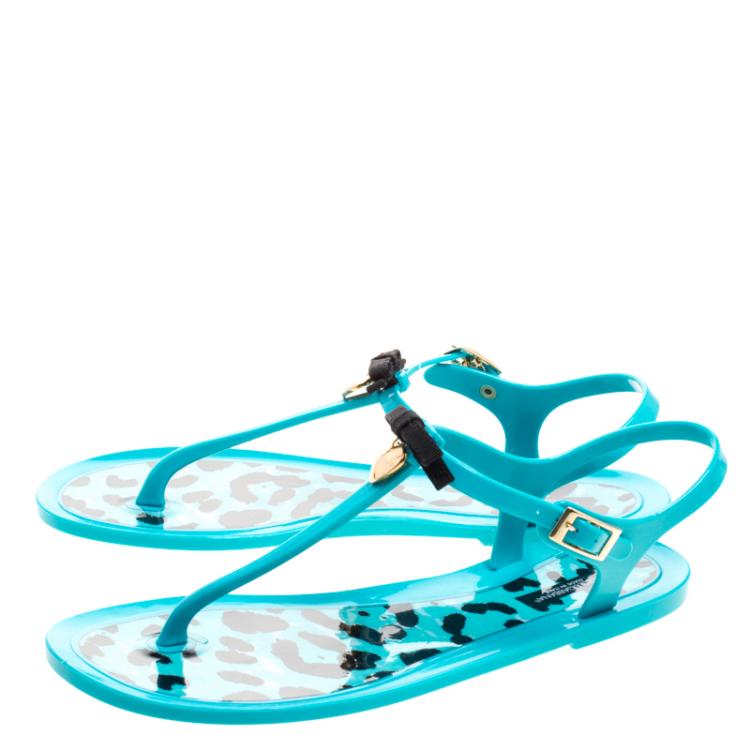 Pre Owned Dolce and Gabbana Turquoise Blue Jelly Bow Thong Flat Sandals Size 40