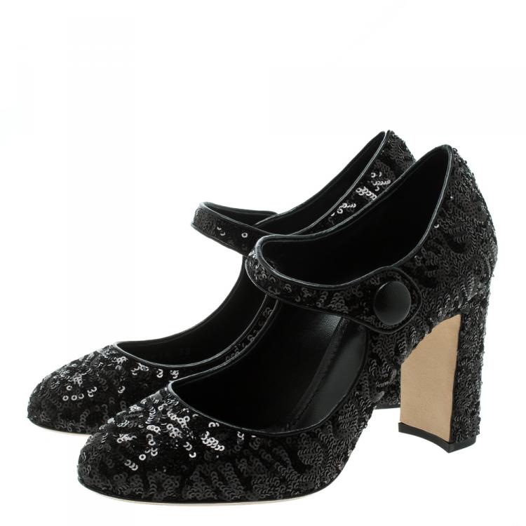 مملوكة مسبقًا Dolce and Gabbana Black Sequin Mary Jane Pumps Size 38