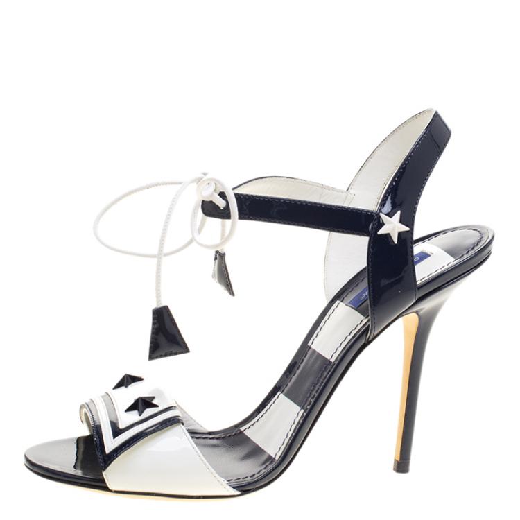 Pre Owned Dolce and Gabbana Navy Blue and White Patent Leather Keira Ankle Tie Open Toe Sandals Size 40
