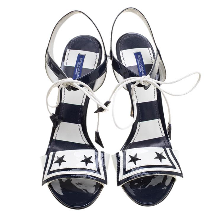 Pre Owned Dolce and Gabbana Navy Blue and White Patent Leather Keira Ankle Tie Open Toe Sandals Size 40