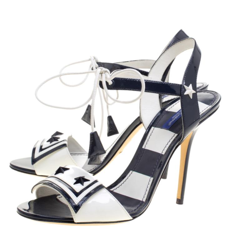 Pre Owned Dolce and Gabbana Navy Blue and White Patent Leather Keira Ankle Tie Open Toe Sandals Size 40