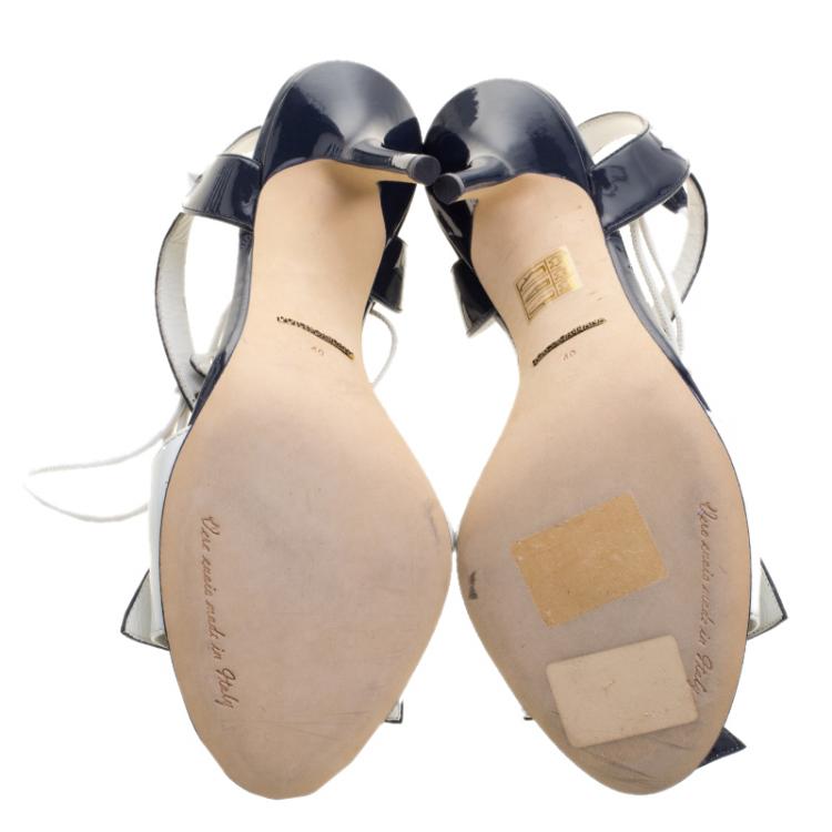 Pre Owned Dolce and Gabbana Navy Blue and White Patent Leather Keira Ankle Tie Open Toe Sandals Size 40