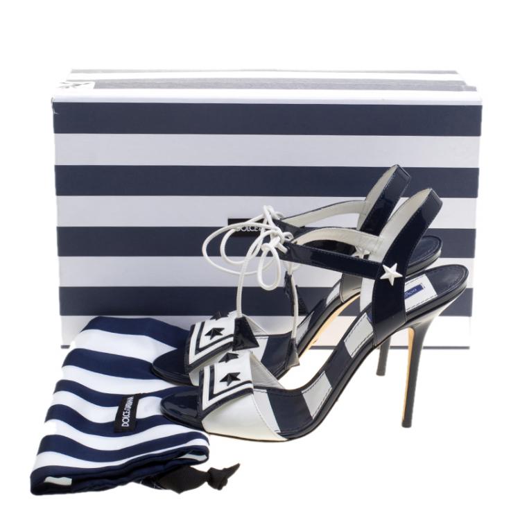 Pre Owned Dolce and Gabbana Navy Blue and White Patent Leather Keira Ankle Tie Open Toe Sandals Size 40